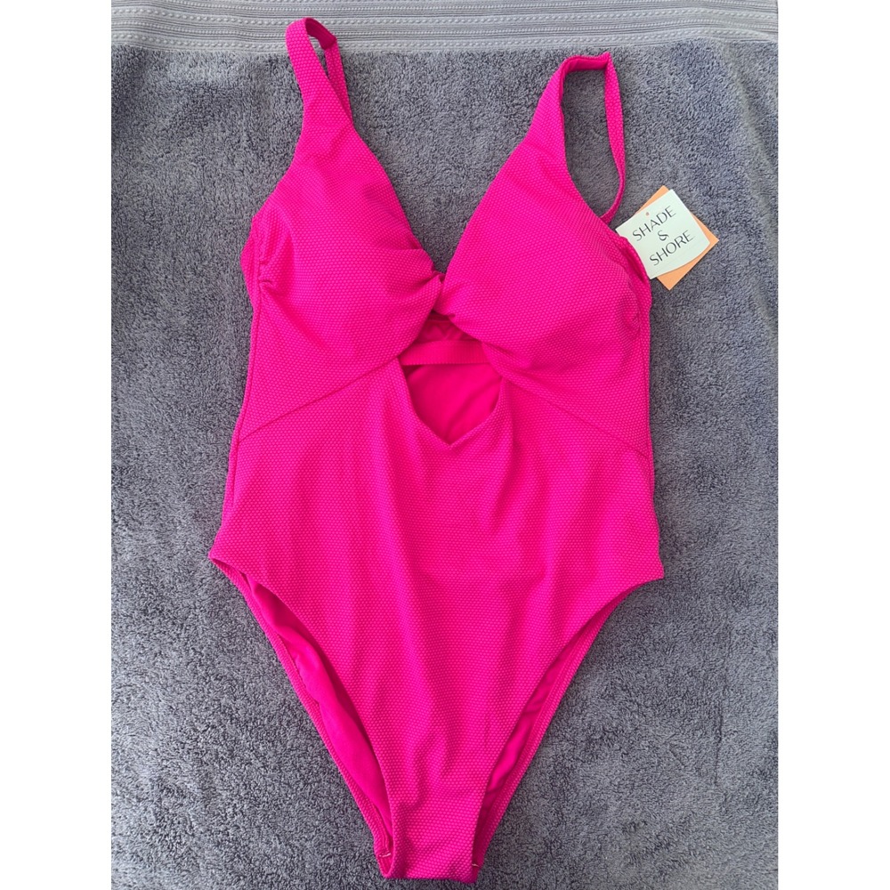 Shade & Shore One Piece Swimsuit Cut Out Twist Front Hot Pink Large NWT